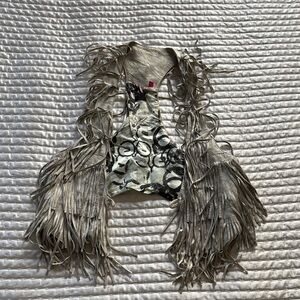 Fringed Leather Vest with Abstract Design